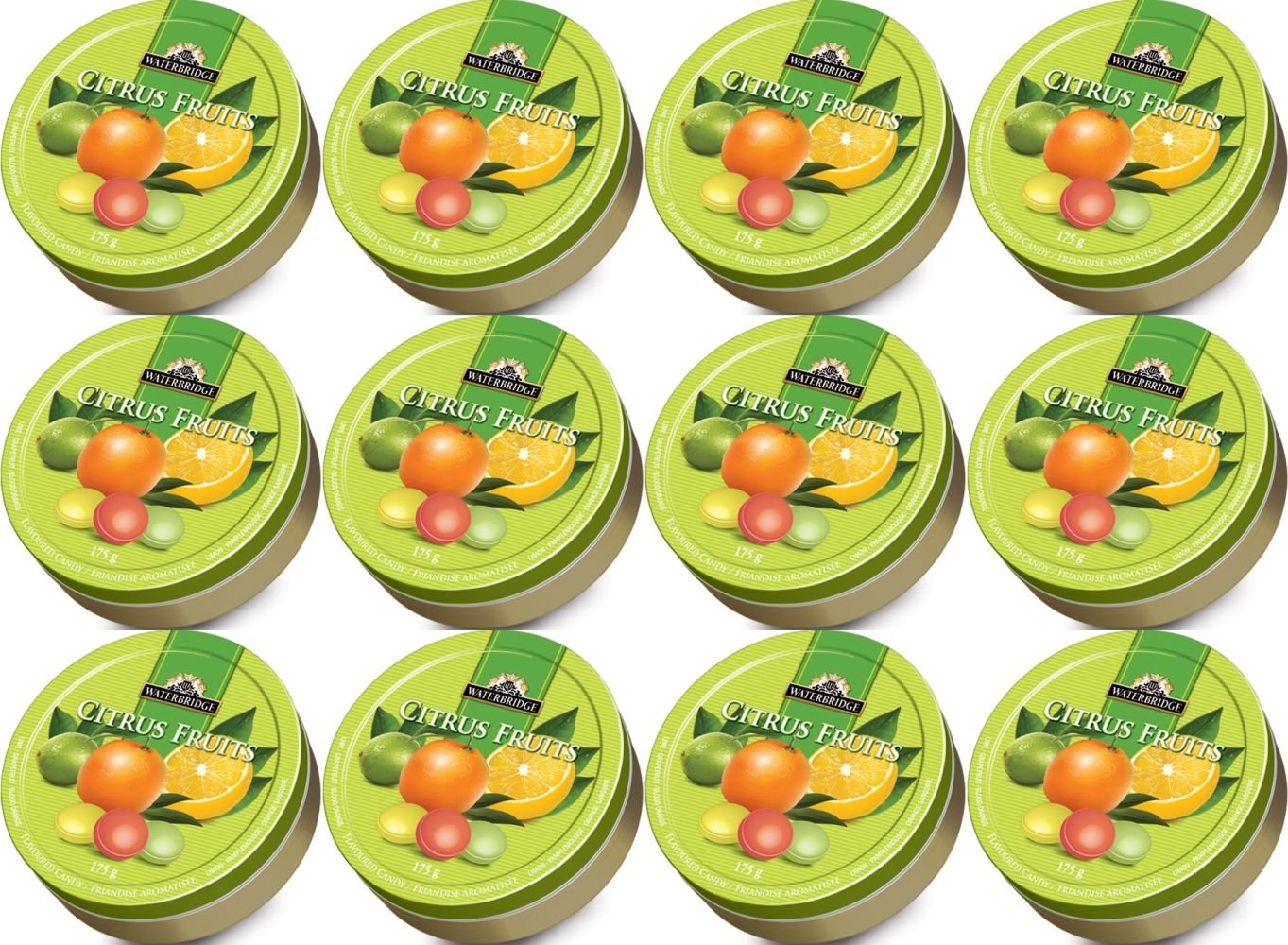 WATERBRIDGE European Sugar Coated Candy Fruit Flavors - Pack of 12 Round Tins 175G Each Tin