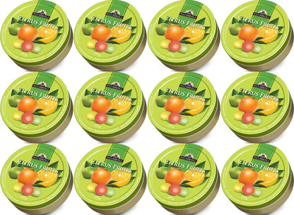 WATERBRIDGE European Sugar Coated Candy Fruit Flavors - Pack of 12 Round Tins 175G Each Tin