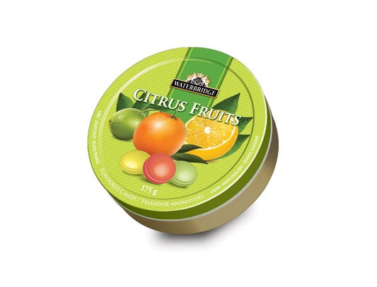 WATERBRIDGE European Sugar Coated Candy Fruit Flavors - Pack of 12 Round Tins 175G Each Tin