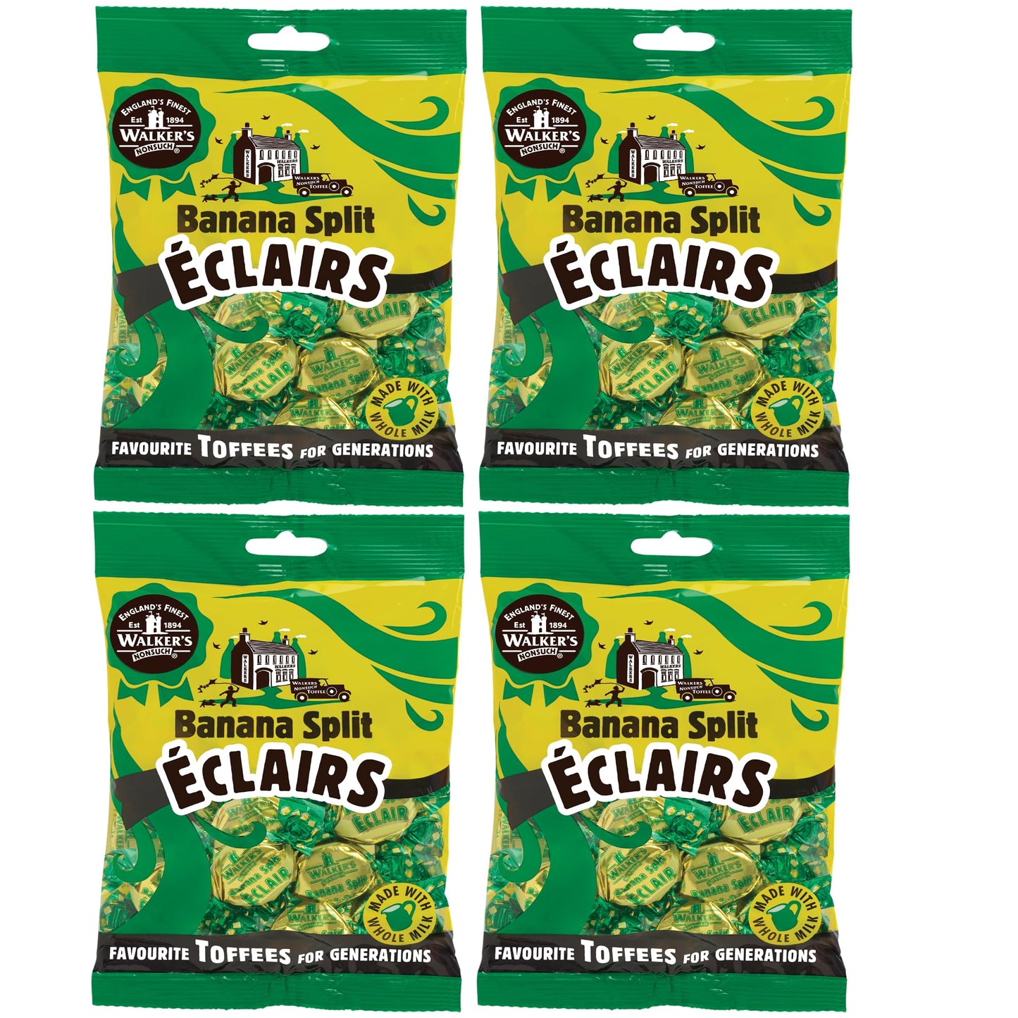 Walkers Nonsuch Banana Split Eclairs Bag 5.29 Oz (Pack of 4) – British Toffee Candy with Condensed Milk & White Chocolate, Imported UK Banana Taffy Caramel Sweets, Individually Wrapped English Toffee