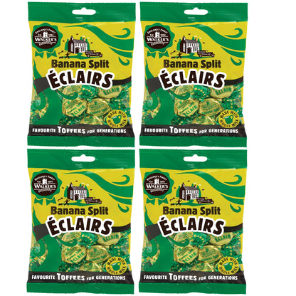 Walkers Nonsuch Banana Split Eclairs Bag 5.29 Oz (Pack of 4) – British Toffee Candy with Condensed Milk & White Chocolate, Imported UK Banana Taffy Caramel Sweets, Individually Wrapped English Toffee