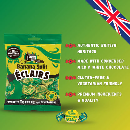 Walkers Nonsuch Banana Split Eclairs Bag 5.29 Oz (Pack of 4) – British Toffee Candy with Condensed Milk & White Chocolate, Imported UK Banana Taffy Caramel Sweets, Individually Wrapped English Toffee
